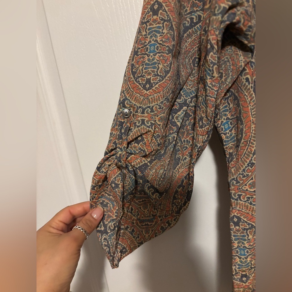 Kim Rogers Paisley Henley Tunic in Rust and Teal 3/4 sleeves Size L Bohemian - Picture 4 of 4